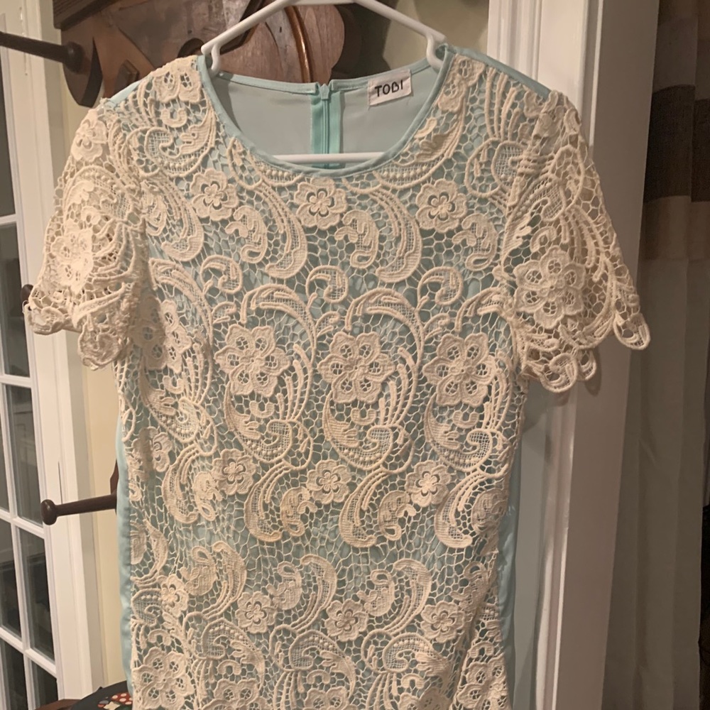 Tobi Turqoise and Lace Overlay Shift Dress.